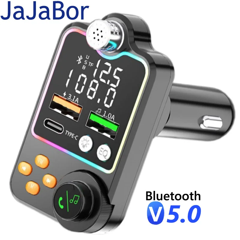 

JaJaBor FM Transmitter Colorful Light TF Card U Disk Car MP3 Player Type C Dual USB Car Charger Bluetooth 5.0 Handsfree Car Kit