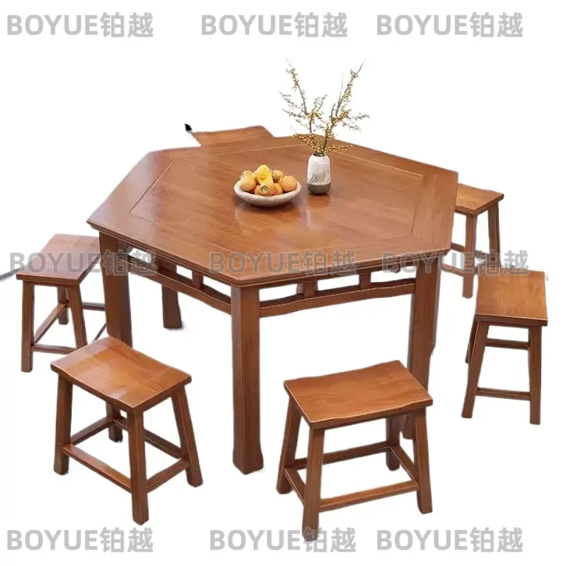 Hexagonal Dining Table Set Solid Wood Rock Slab Top Modern Chinese Style Restaurant Hotel Tea House Noodle Shop Furniture