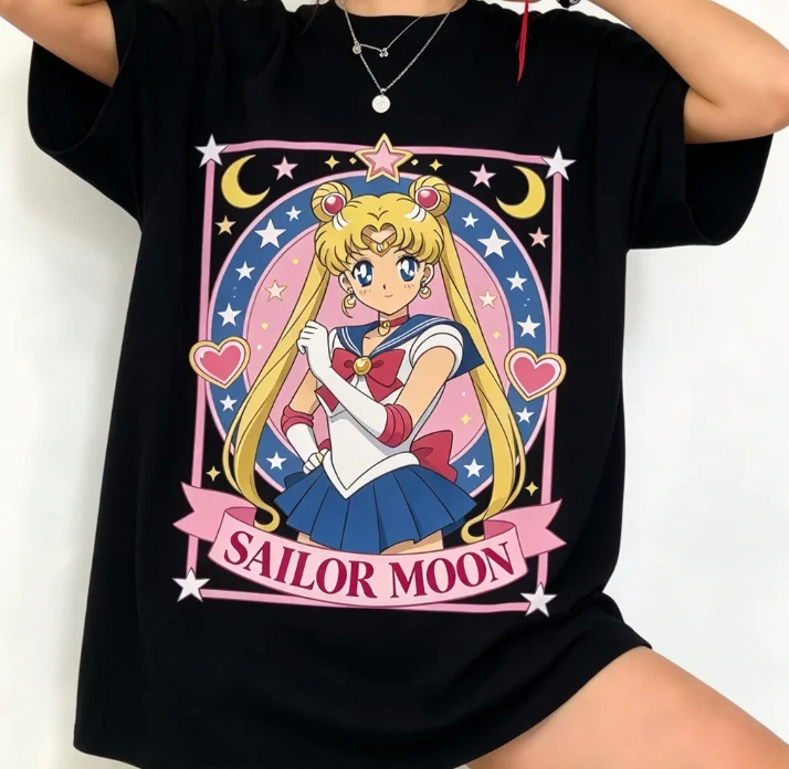 2026 new Best‑Seller‑Trending‑Colorful‑Anime‑Magical‑Girl‑Heart‑Frame Print High‑Quality Oversized Short‑Sleeve T‑Shirt
