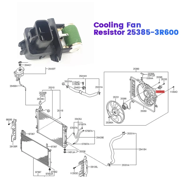 

Резистор управления вентилятором охлаждения двигателя 25385-3R600 для Hyundai Azera, Kia K7 2012-2015, л, V6, обслуживание автомобилей