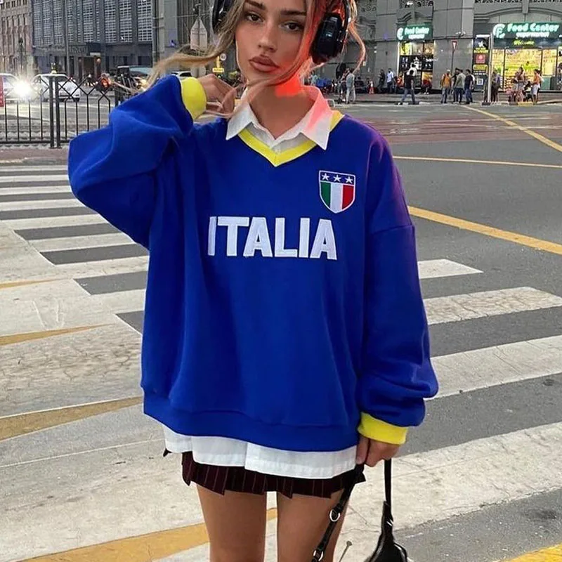 2023 Italia Flag Blue Letter Print Hoodies Grunge Y2k Spring New Long Sleeve Sweatshirt Women Basic T Shirt Casual V-neck Tops