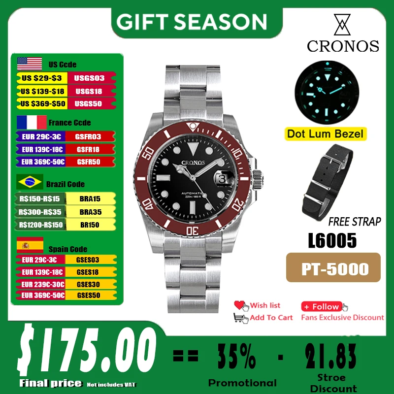 Cronos Sub Diver Men Watch Stainless Steel PT5000 Bracelet Ceramic Bezel 200 meters Water Resistant Glideclasp L6005 V3 Watches