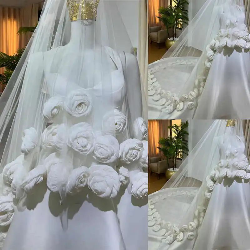 

Gorgeous Wedding Veil Cathedral Veils Lace Full 3D Appliques One-Layer With Comb 300cm Length Width Big Size Bridal Veil