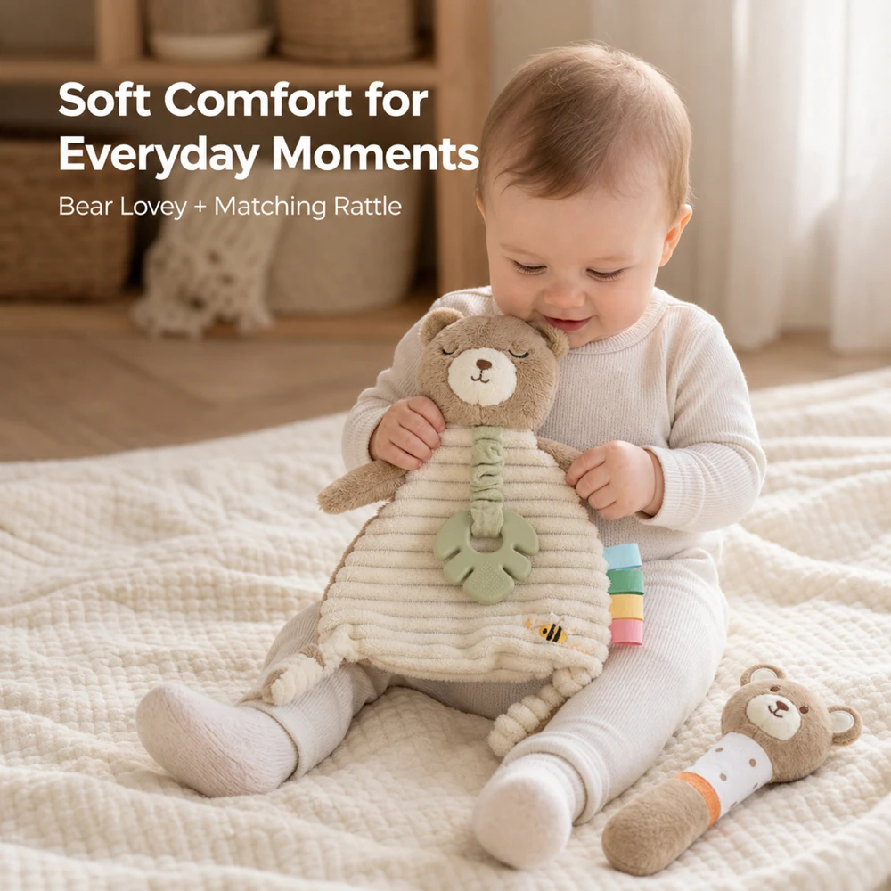 2 Piece Baby Bear Lovey Handheld Rattle Toy Set Soft Ribbed Plush Comforter Silicone Teether Toys for Infant Sensory Play Gift