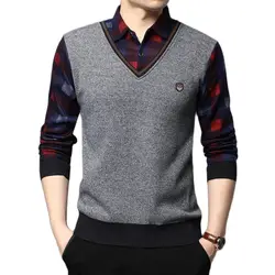 Men's Fake Two-Piece Sweater Plaid Shirt Collar V-Neck Fleece-Lined Knit Pullover Business Casual Thermal Long Sleeve Contrast