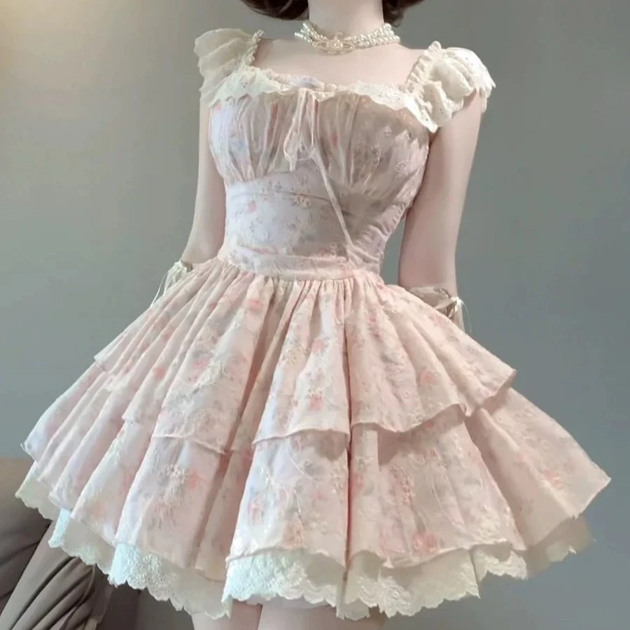 

Женское корейское модное новое винтажное платье Лолиты, элегантное платье, женское кружевное лоскутное милое многослойное платье принцессы с рюшами и высокой талией