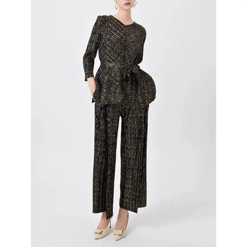 

[Vibe] Folds 2025 Autumn/winter New Office Ladies Set Long-sleeved Blouse Waistband And Trousers Casual Two-piece Set