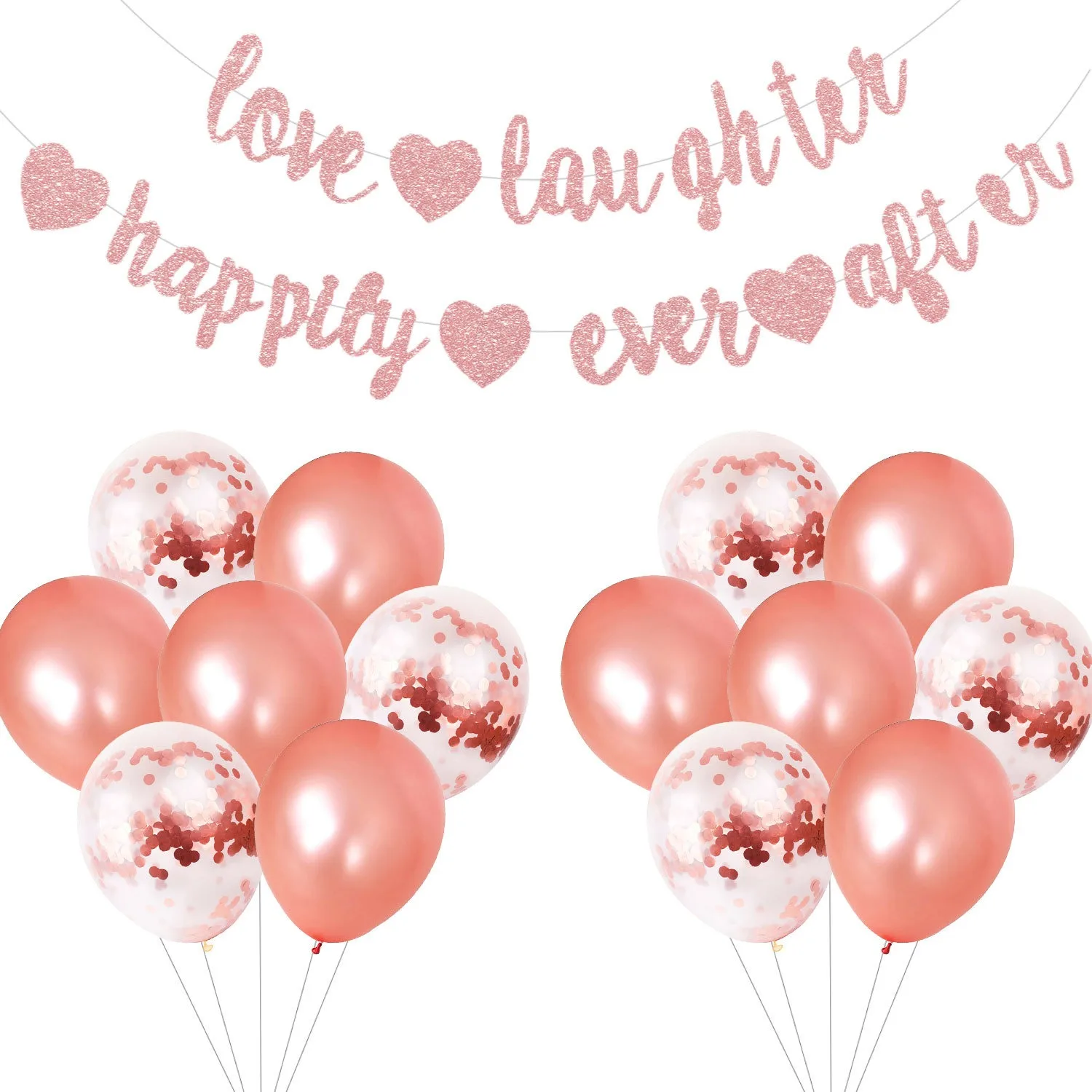 

Rose Gold Love Laughter Happily Ever After Glitter Banner with Confetti Latex Balloons for Engagement Wedding Party Decorations