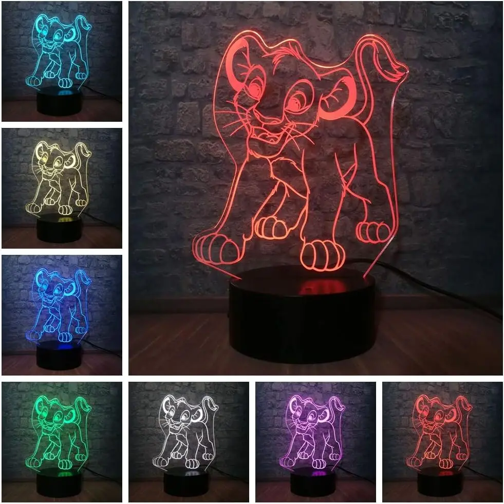 The Lion King Simba Cartoon 3D Visual Figure Ornaments Disney Anime Acrylic Plaque with Night Lights Christmas Gifts For Kid