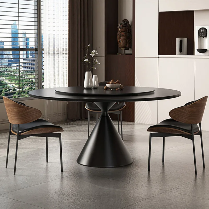 Italian minimalist pure black rock slab round dining table with turntable home high-end living room retro small apartment dining