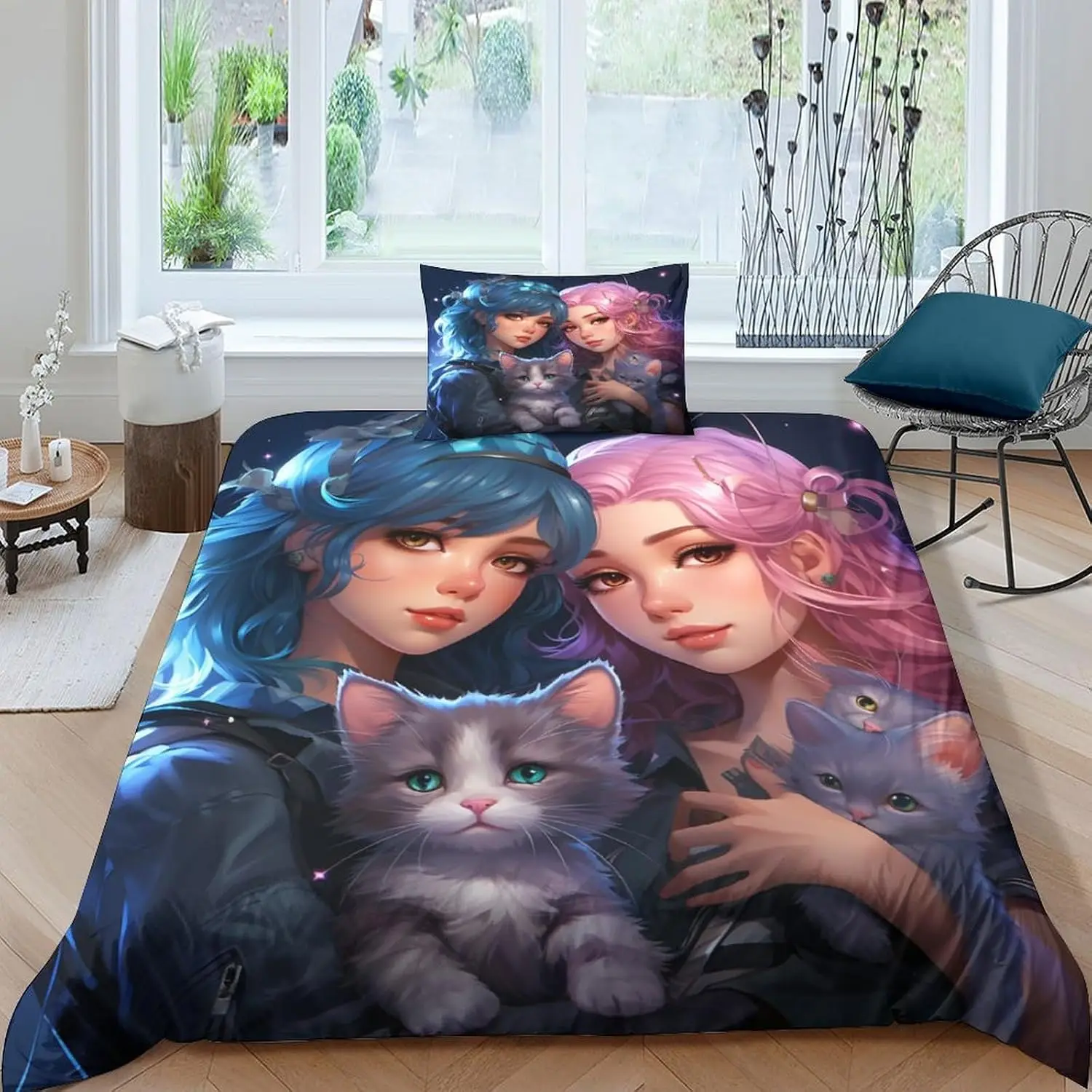 Anime Girls Holding Cat Bedding Set 3D Printed Cute Cartoon Duvet Cover Set 3 Piece Soft Quilt Comforter Cover Twin Queen King