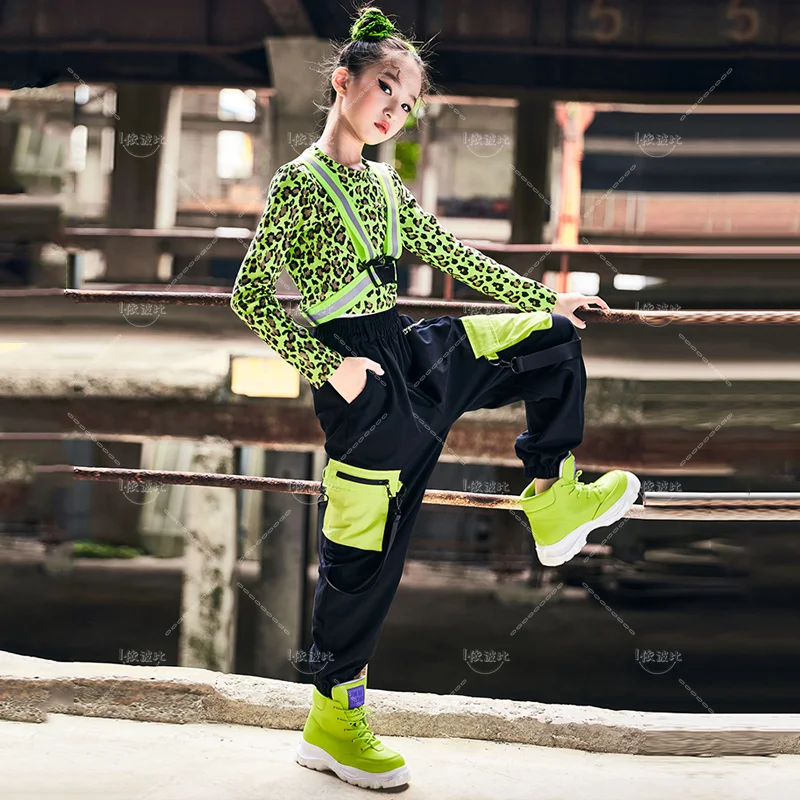 Boys hip-hop costume girls jazz dance set neon green top vest black vest long pants loaded street dance costume performance