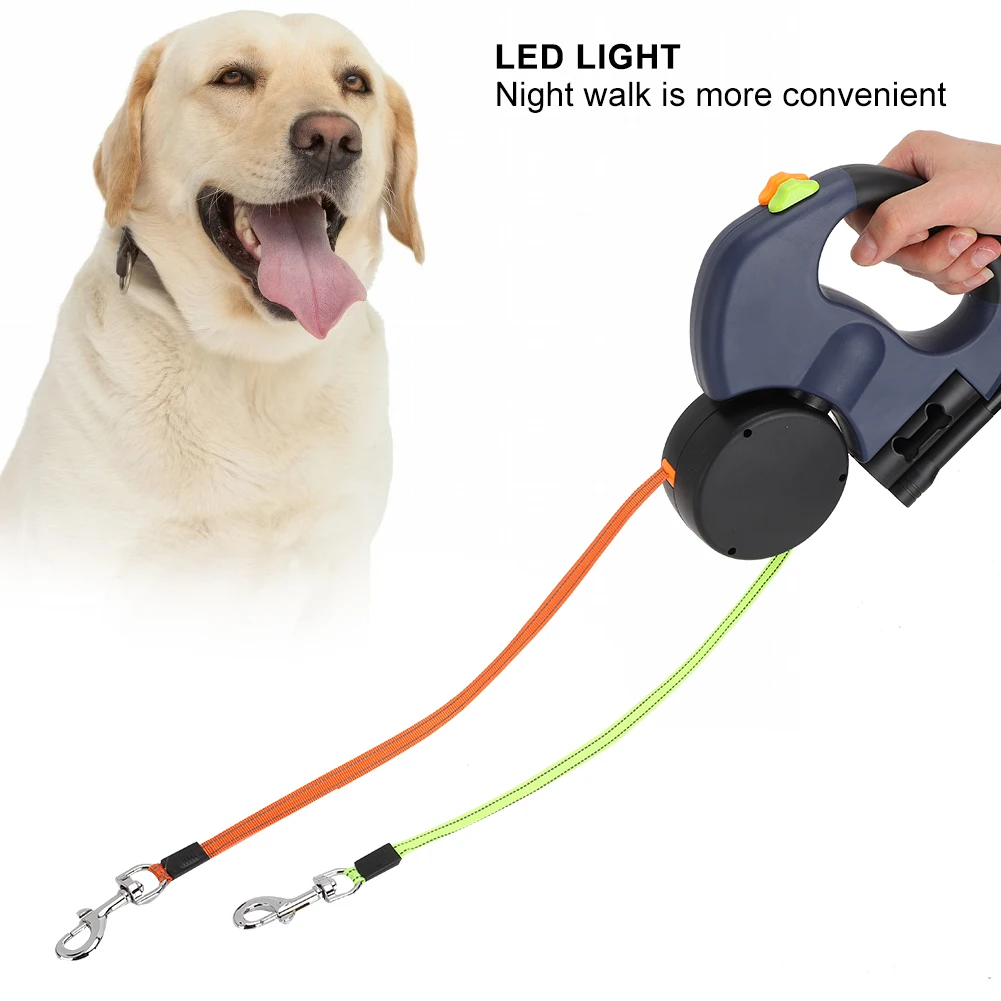 Pet Walking Lead Automatic Extendable Flexible Dog Cat Traction Rope Dual Headed Hand Holding with LED Light