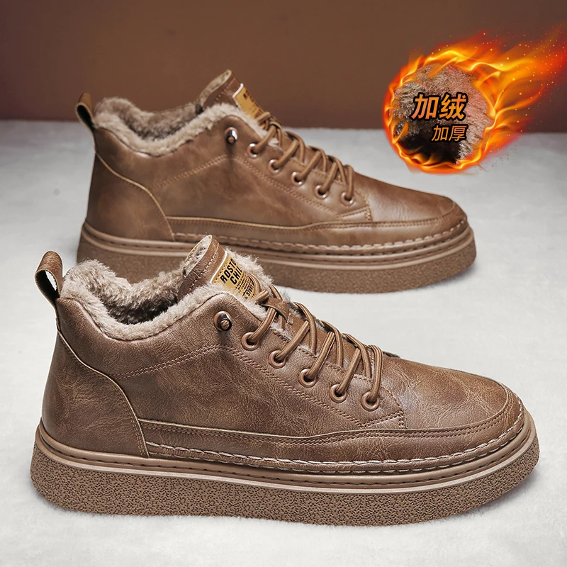 Men's High Top Boots Windproof and Warm with Fleece 2026 New Fashion Winter Plush Casual Shoes Men's High-quality Ankle Boots
