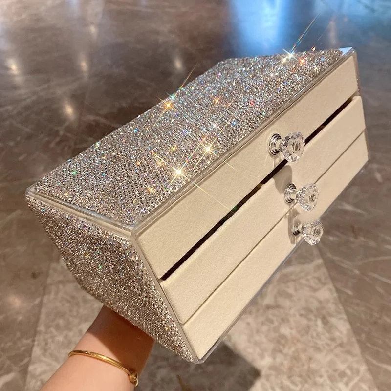 Bling Diamond Jewelry Box 3 layer Large Capacity Drawer Style Storage Box Dustproof Bracelet Necklace Ring Container Organize