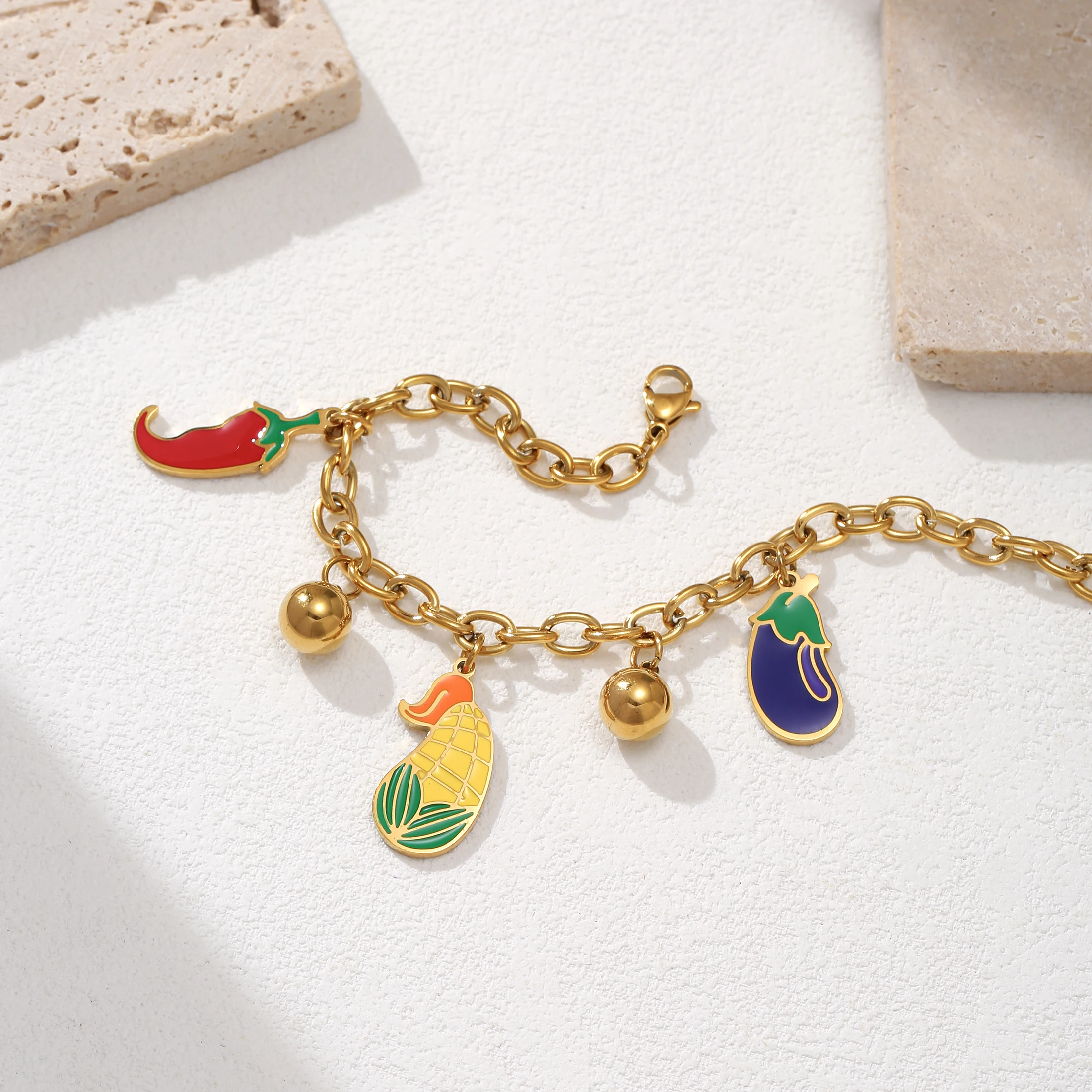 Golden Tone Stainless Steel Vegetable Charm Bracelet with Enamel Pepper and Corn Pendants for Women