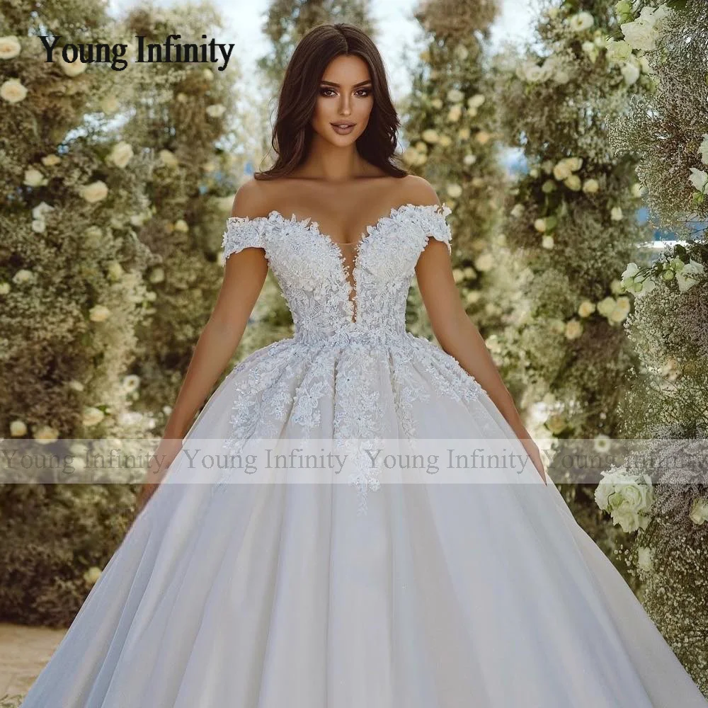 New Arrival V Neck Off Shoulder Ball Gown Wedding Dress Lace Applique Woman Bridal Chapel Train Vestido De Noiva Princesa 2024