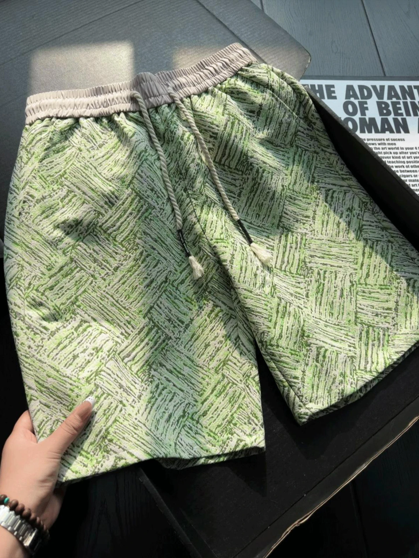 American Style Tie Dye Plaid Men's Summer Knitted Beach Pants Loose Fit Elastic Waist Five-Quarter Length Straight Leg Trousers