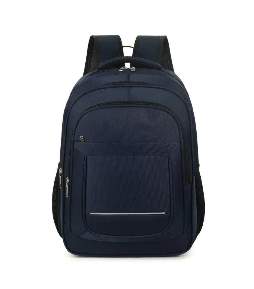 Off white minimalist backpack with two oblique trim lines vertical side metal zipper adjustable side buckles lightweight