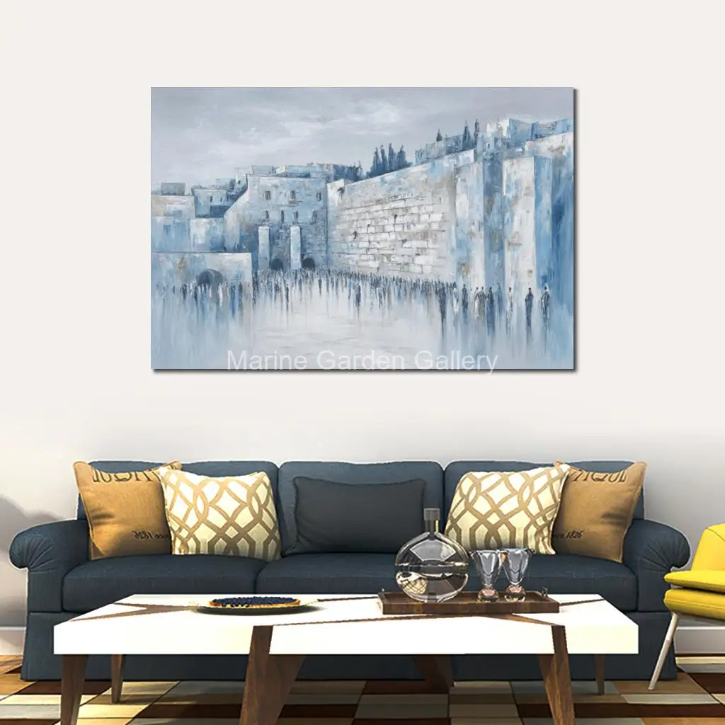 Large Abstract Jerusalem Oil Painting Blue Gold Kotel Hand Painted Textured Landscape Canvas Art Jewish Living Room Home Decor