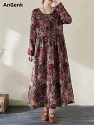 Cotton Vintage Long Sleeve Red Print Dresses For Women 2025 Spring Autumn Casual Loose Dress Elegant Vestidos Fashion Clothing