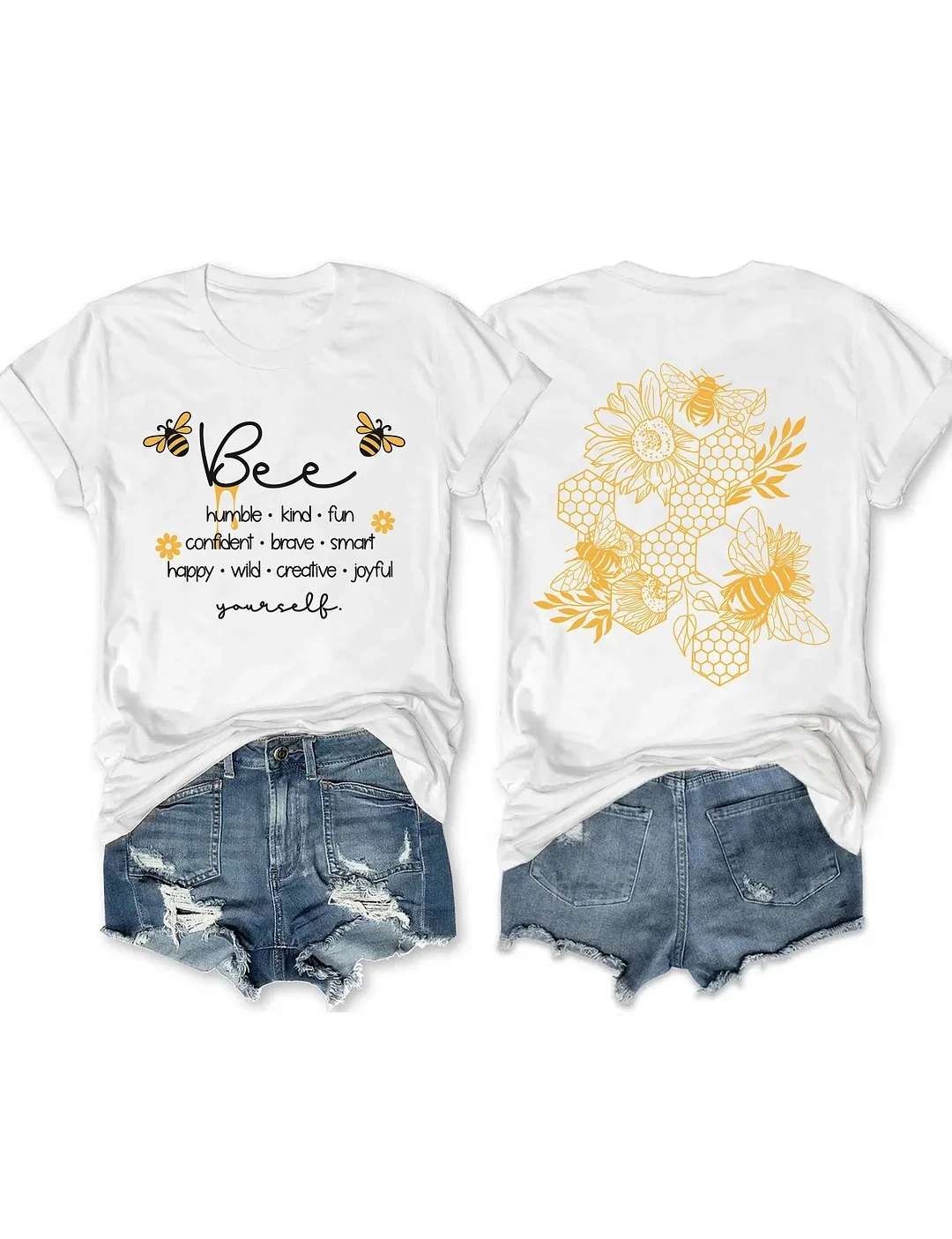 2024 New Hot Sale Popular Holiday Casual Female T-shirt Cartoon Sunflowers Bee Honeycomb Print Women Shirt Trend Girl Tee