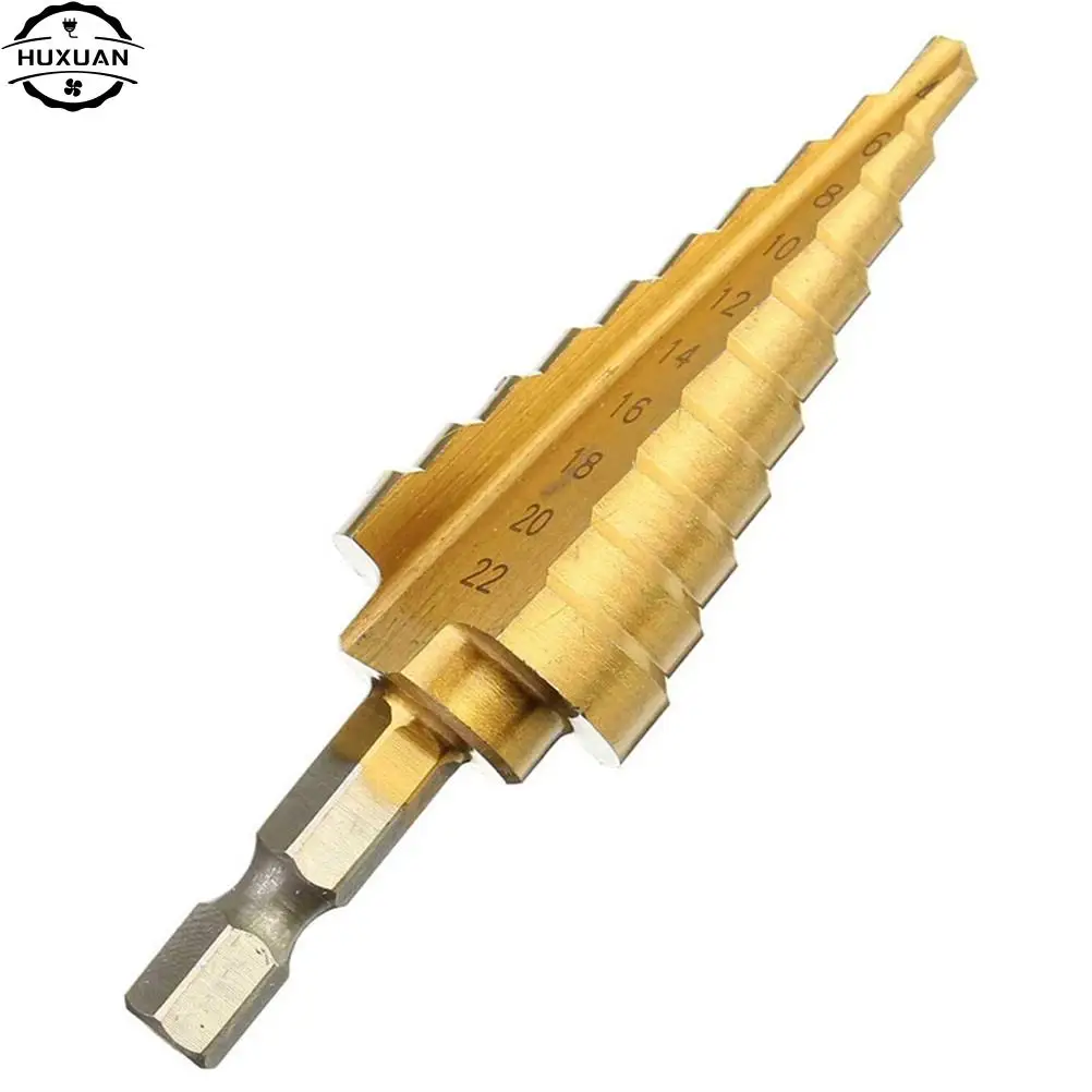 1Pcs Durable 4-22MM HSS Hex Titanium Coated Step Cone Drill Bit Power Tool for Woodworking Hole Cutter