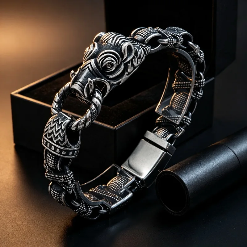 Stainless Steel Viking Wild Boar Head Bracelet for Men Norse Mythology Punk Biker Heavy Chain Wrist Jewelry Gift