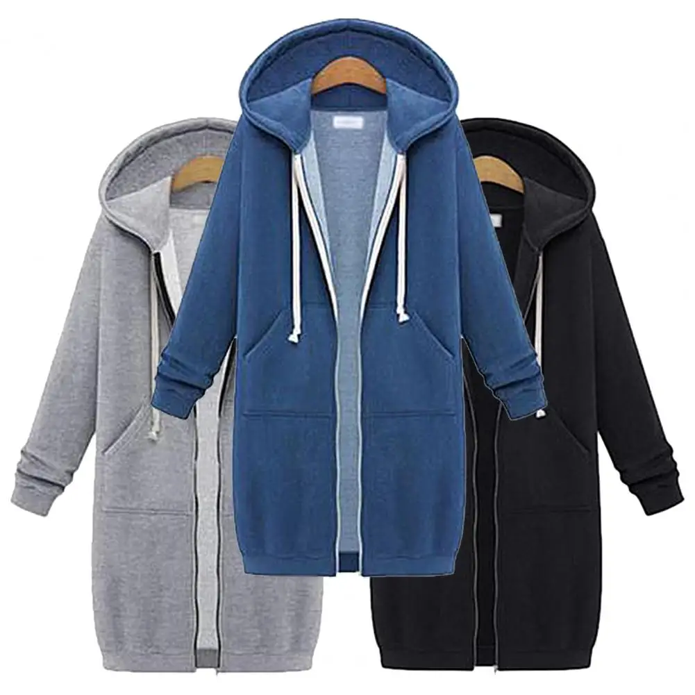 New Women Large Size Autumn Winter Zip Hoodie Sweater Hooded Long Jacket Sweatshirt Coat Casual Solid Streetwear Female Hoodies