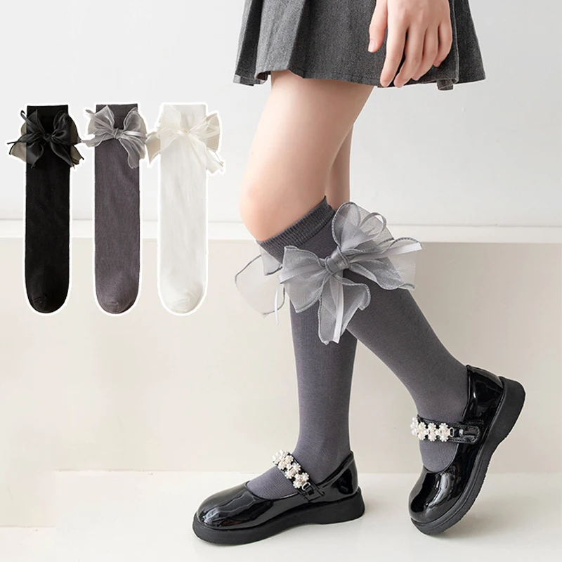 Ribbon Bow Kids Stockings Autumn Little Girl Over Knee Socks Solid Color Children Cotton Long Sock Princess Baby Calf Stocking