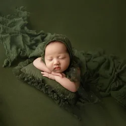 Newborn Baby Photography Props Cotton Gauze Soft Stretchable Wraps Lace Hat Pillow Set Green Background Studio Photoshoot Props