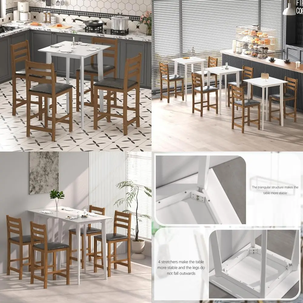 Solid Wood Counter Height Bar Table and 4 Chairs Set, Square High Table for Pub Use