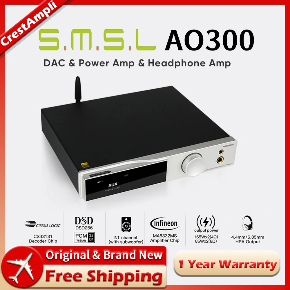 

SMSL AO300 Power Amplifier & Headphone Amplifier & Decoder MA5332MS MQA-CD Audio DAC CS43131 DSD256 XMOS XU-316 HIFI Bluetooth