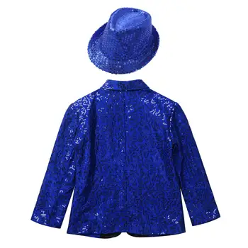 Kids Boys Shiny Sequins Coat Modren Competition Dance Performance Jacket Banquet Party Long Sleeve Tuxedo Suit with Fedora Hat 4