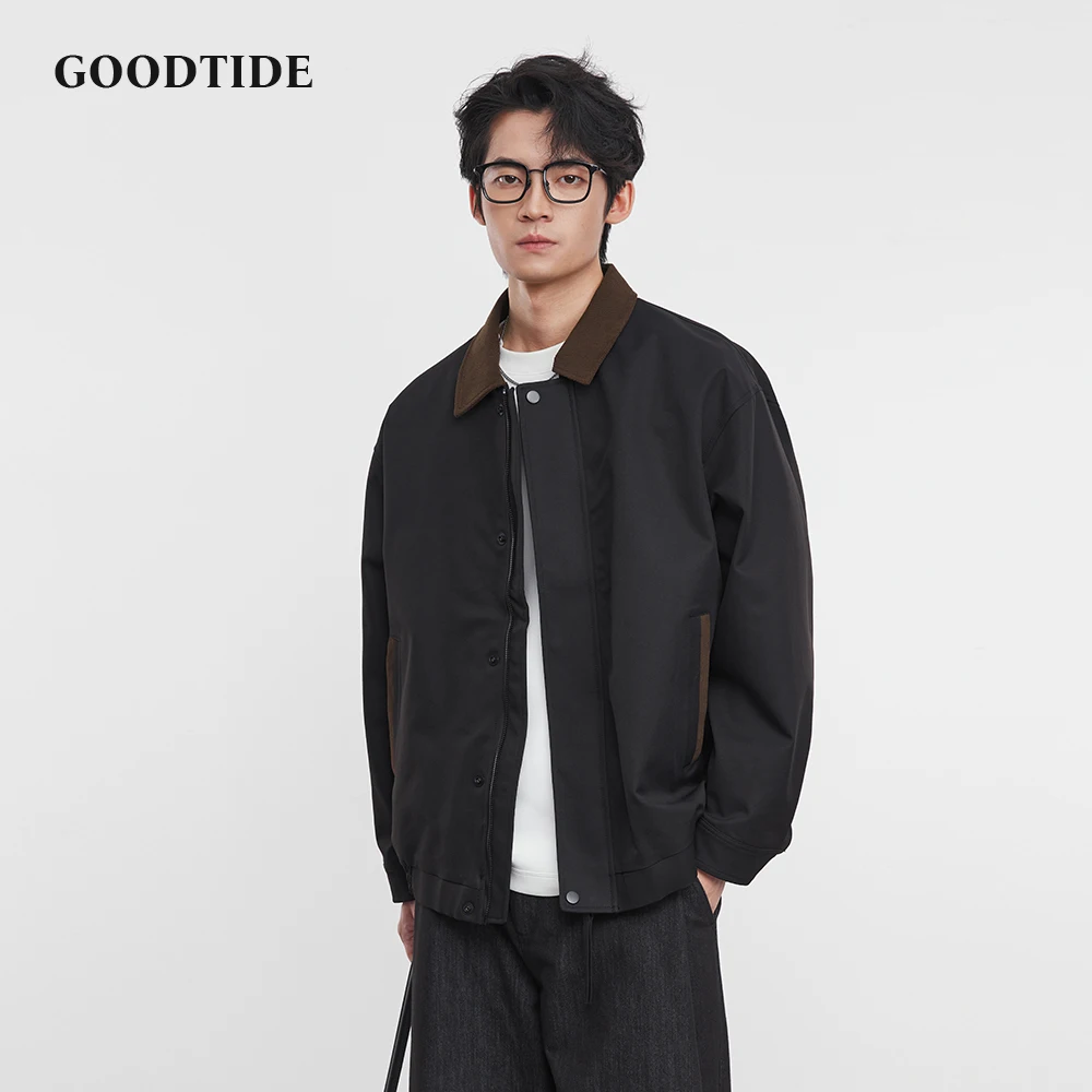 Jaket Fashion Pria Retro Amerika 2025 Musim Semi dan Gugur Baru Longgar Warna Solid Kerah Kerja Atasan Jaket Pria