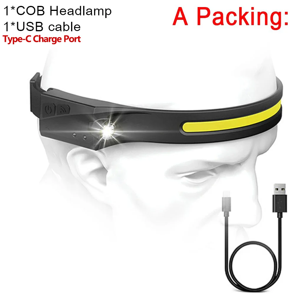 Built‑in Battery COB LED Head‑Mounted Work Light USB Rechargeable Sensor Headlamp 5 Lighting Modes Camping Flashlight