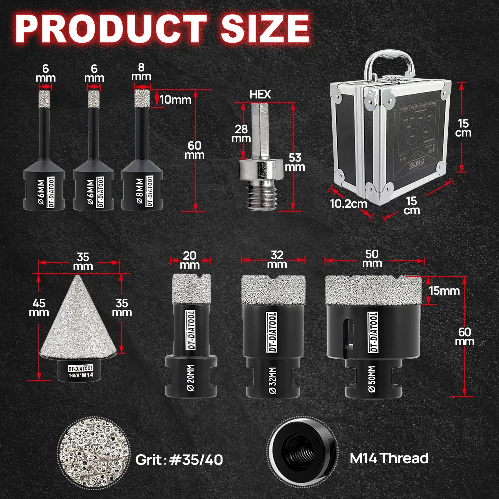 DIATOOL Dia 6/8/20/32/50mm Diamond Drill Core Bits Sets Drill Bit  Finger Bit for Porcelain Tile Granite