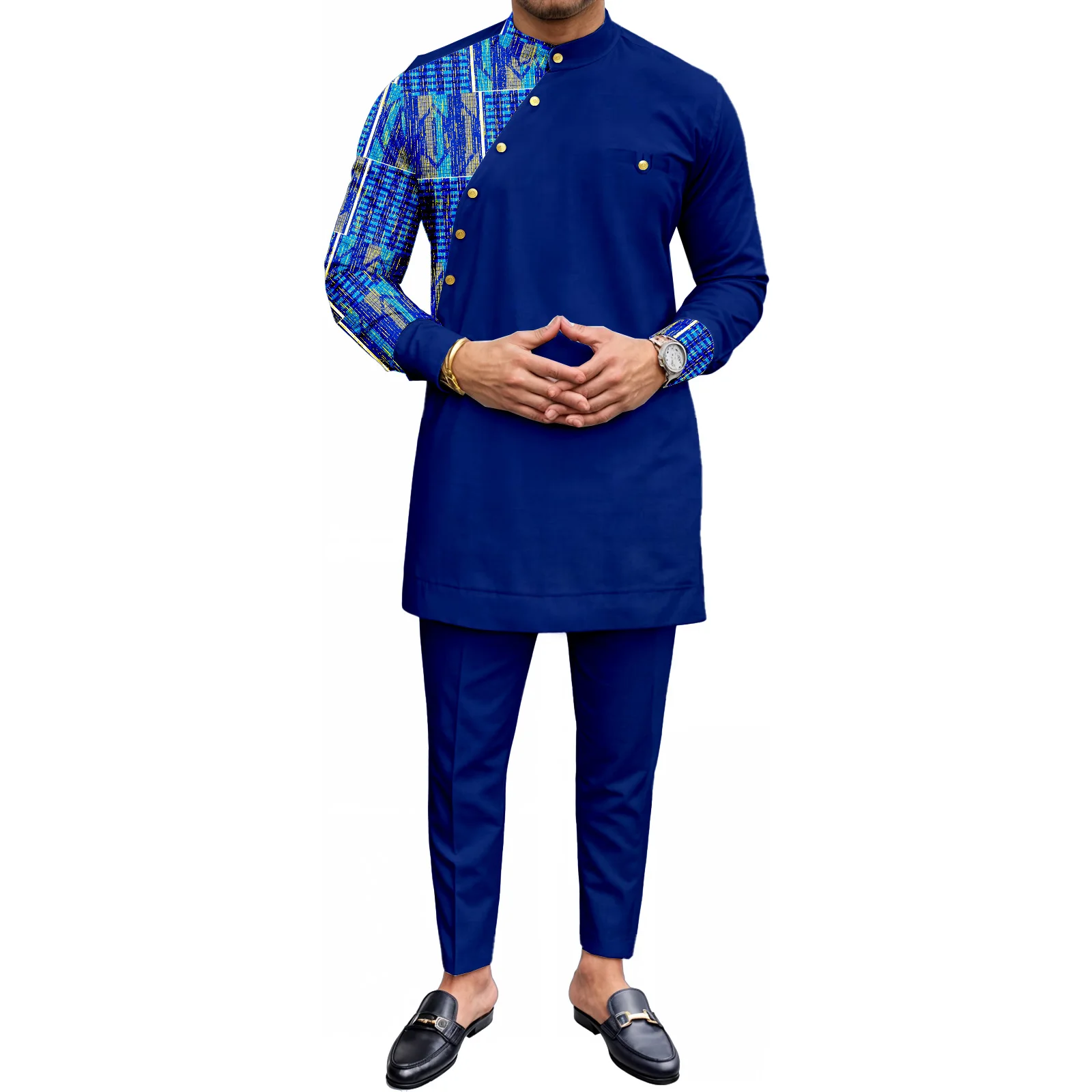 

African Men Suits 2 Piece Shirt Pants Fashion Long Sleeve Dashiki Casual Tribal Attire