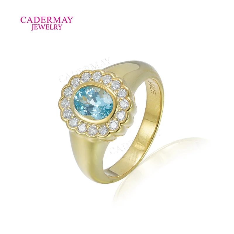 Cadermay Custom 925 Silver 5x7mm Oval Shape Aquamarine Blue Lab Grown Sapphire Moissanite Halo Pinky Ring Women Men Gift