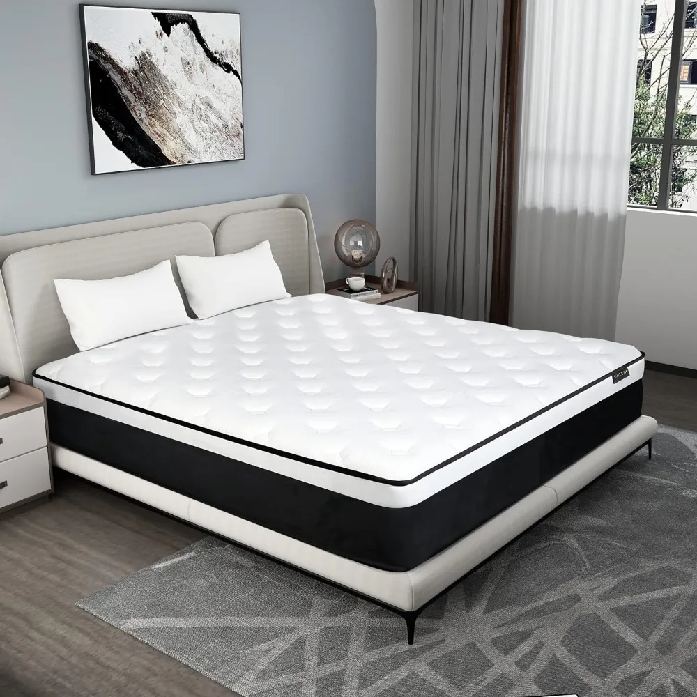 KIng Mattress, 14 Inch KIng Size Mattress with Individually Pocket Springs,Euro Top Medium Firm Hybrid Mattress in a Box