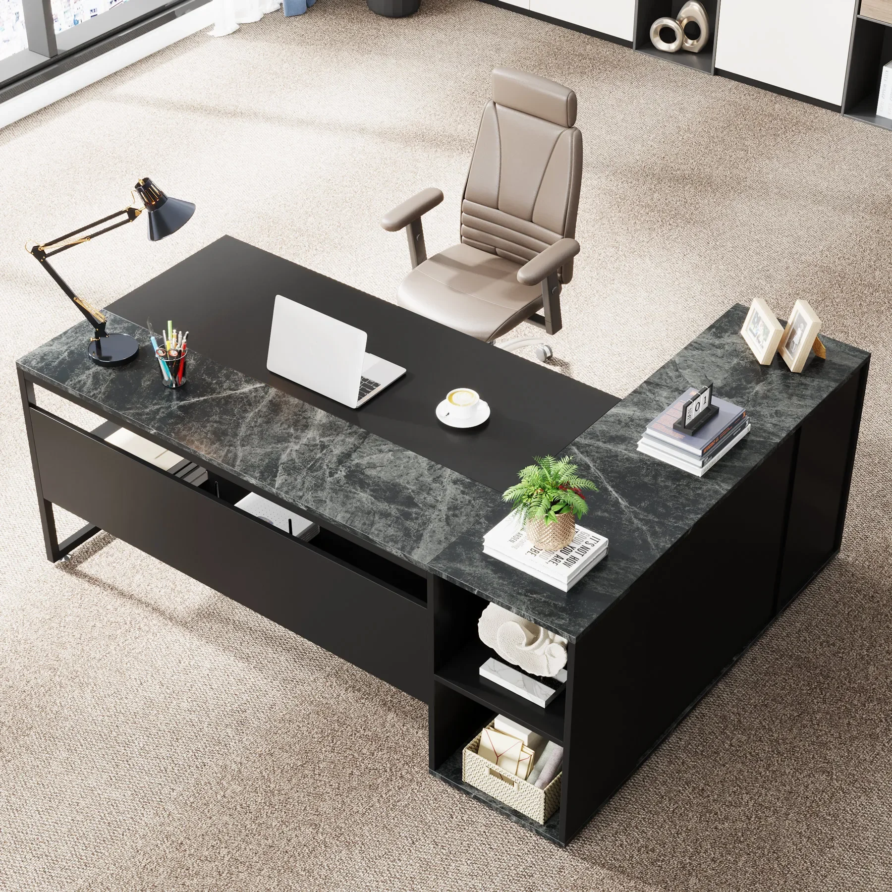 

Tribesigns 71 inch Executive Desk, L Shaped Desk with Cabinet Storage, Executive Office Desk with Shelves, Business Furniture