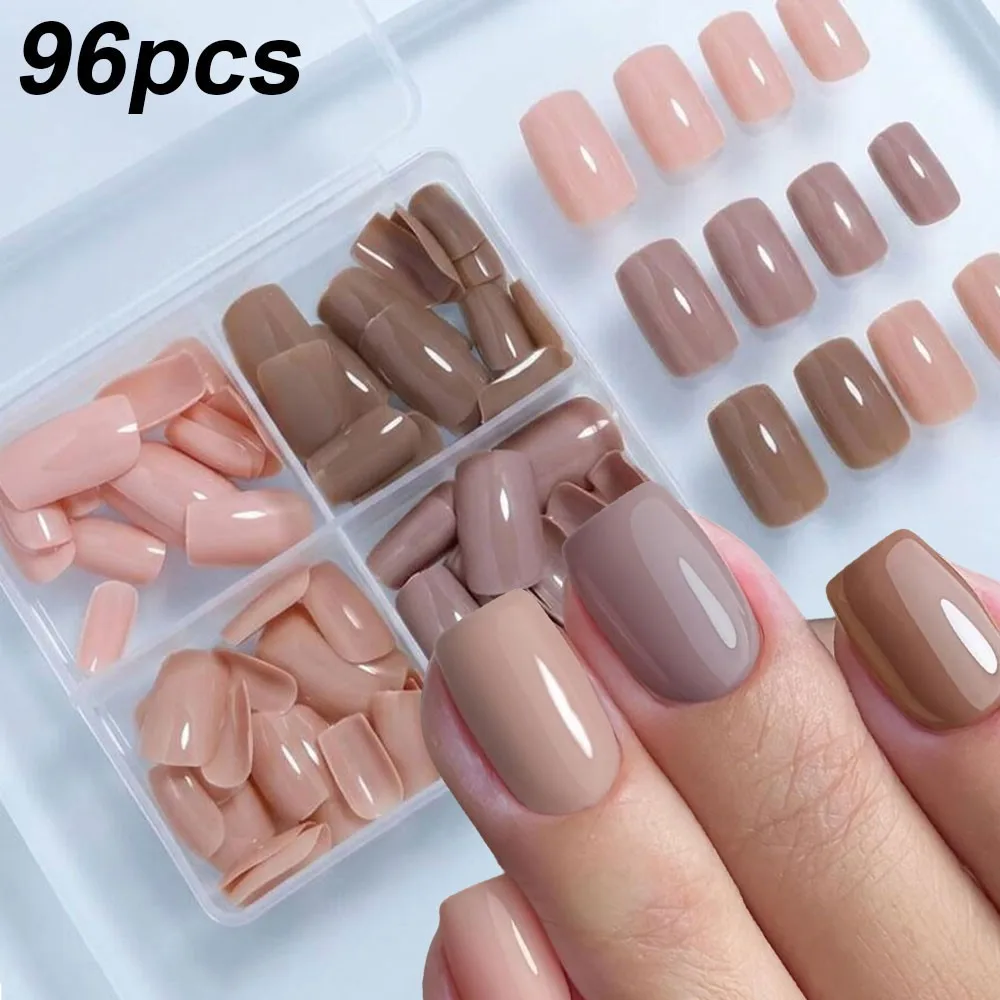 96Pcs/box Glossy Short Square Press On Nails Natural Brown Nude Pink Fake Nails 12size Full Cover Soft Gel False Nails #4colors