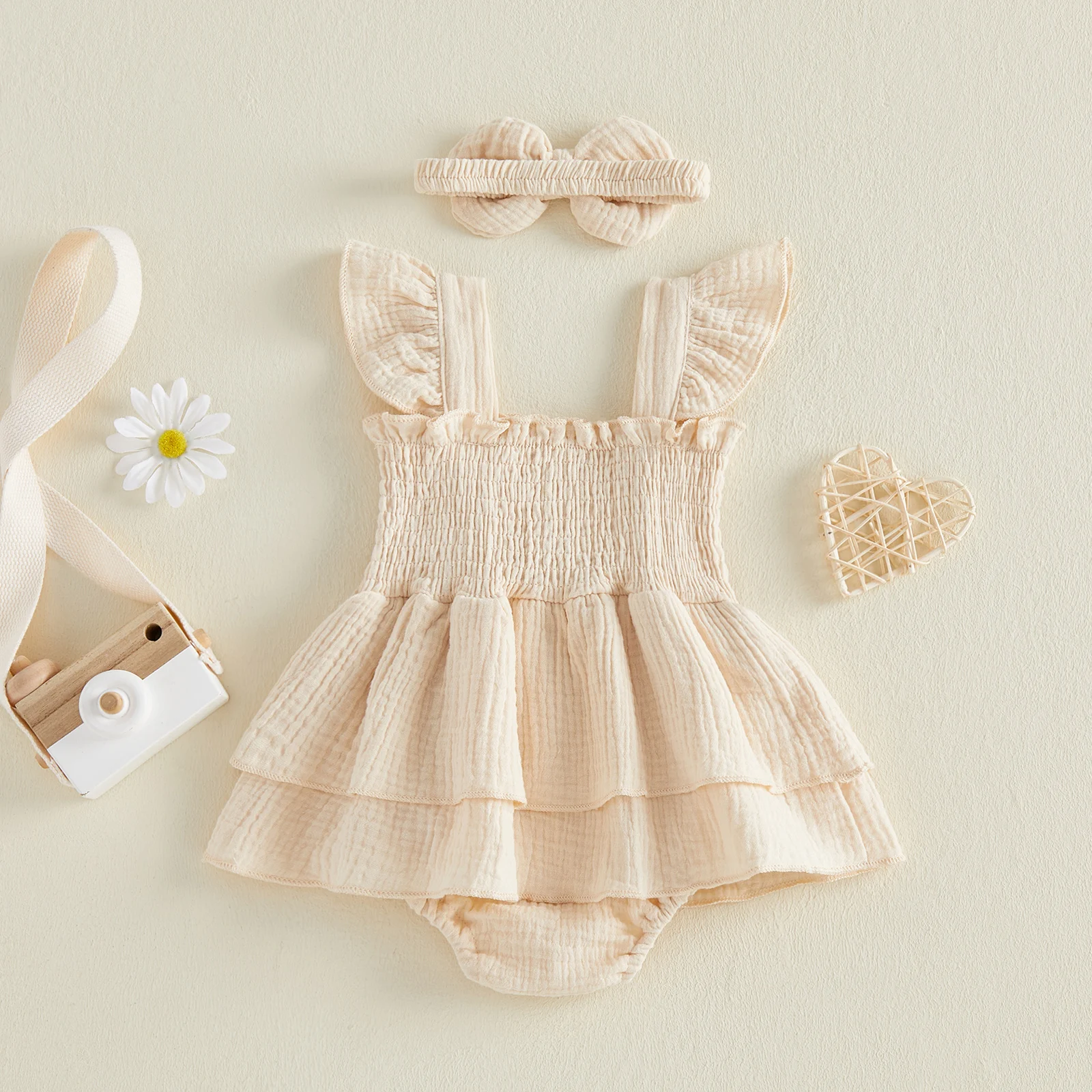 Lovely Summer Newborn Baby Girls Casual Rompers Cotton Linen Solid Color Ruffles Ruched Layered Jumpsuits Skirts Headband