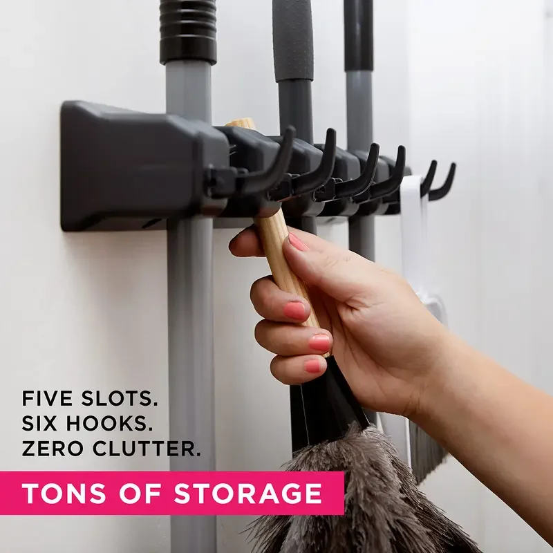 Wall Mounted Mop Holder 3/4/5 Position Multi-Functional Broom Pendant Shelf Home Kitchen Storage Black Magic Plastic Mop Holder image 2