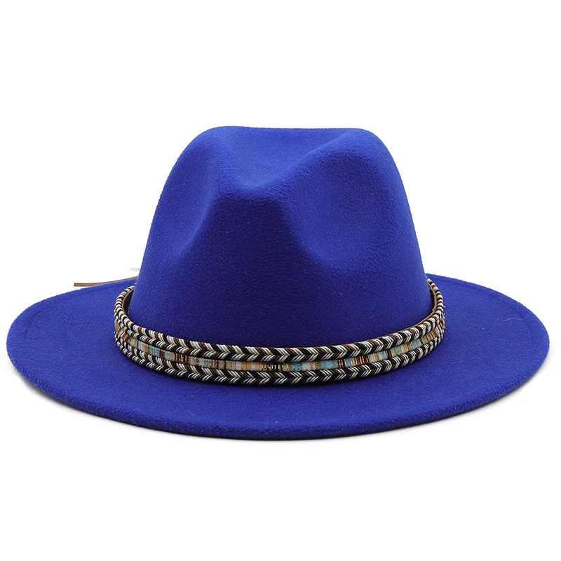 Women Men Woolen Fedora Hat With Black Leather Gentleman Elegant Lady Winter Autumn Wide Brim Jazz Church Panama Sombrero Cap