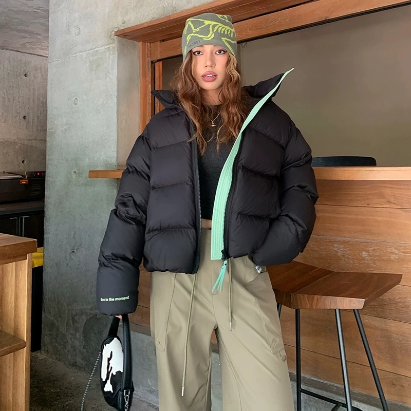 

Color blocking Short Stand up collar Down Jacket For women Winter 2025 New Loose 90 White duck down Thicken Warm Coat Female