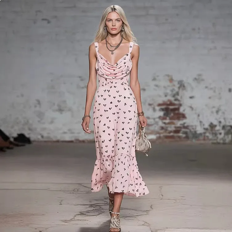 Elegant Satin Heart Ruffle Cowl Neck Midi Dress Silk Dresses Spring Summer