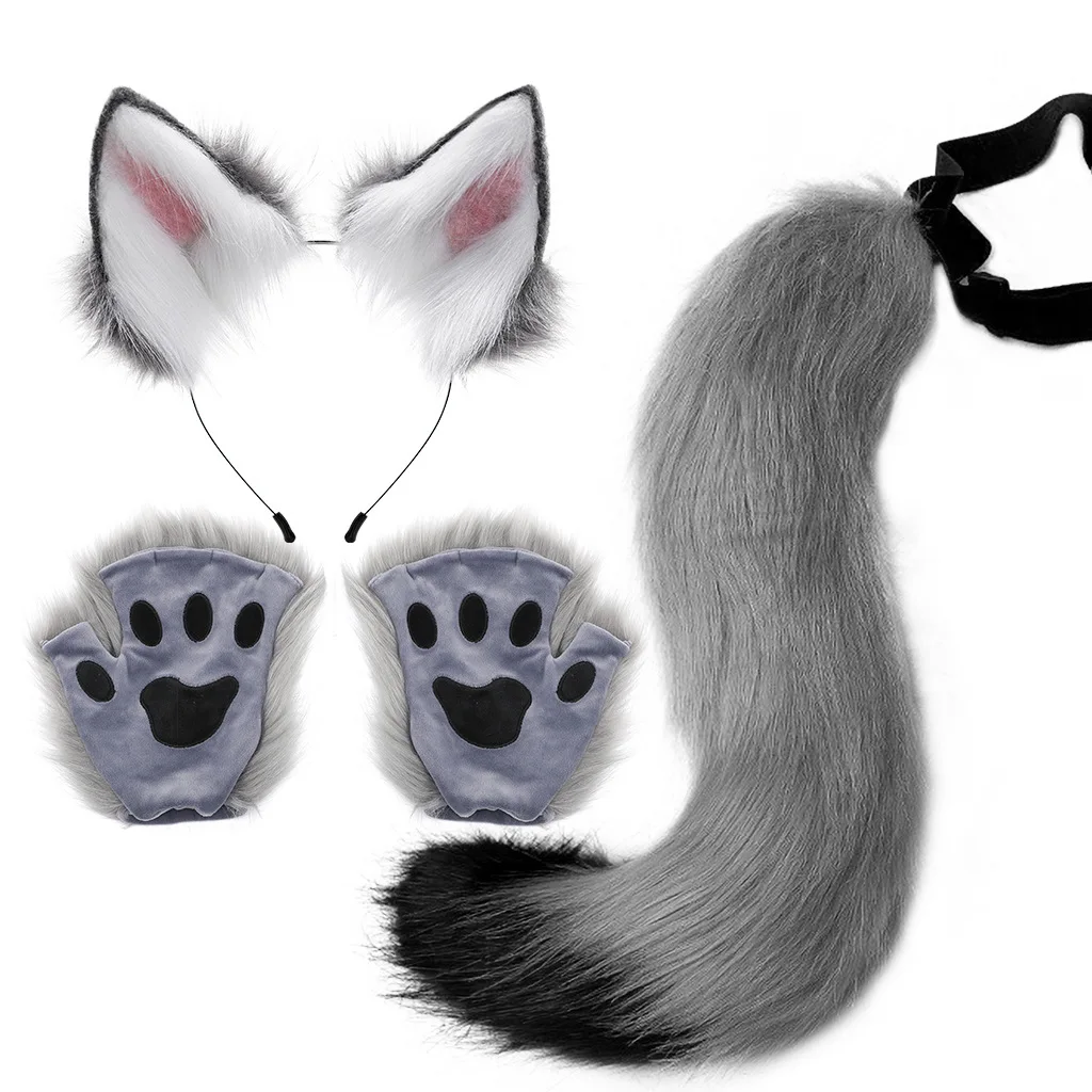 Fluffy Animal Ears Headband Furry for CAT Ears Hair Gloves Tail Set for Halloween Christmas Fancy Dress Up Party Props