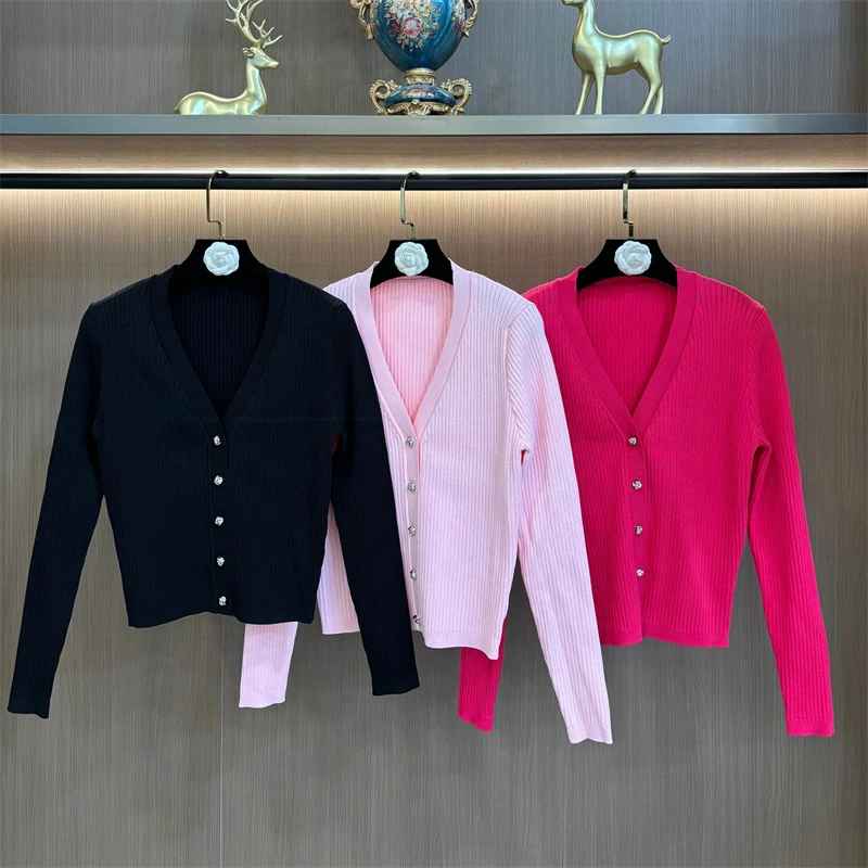 

New Spring Women's V-neck Elastic Slim Fit Knit Cardigan High-Quality Fashionable Casual Versatile Ribbed Knit Top for Commuting