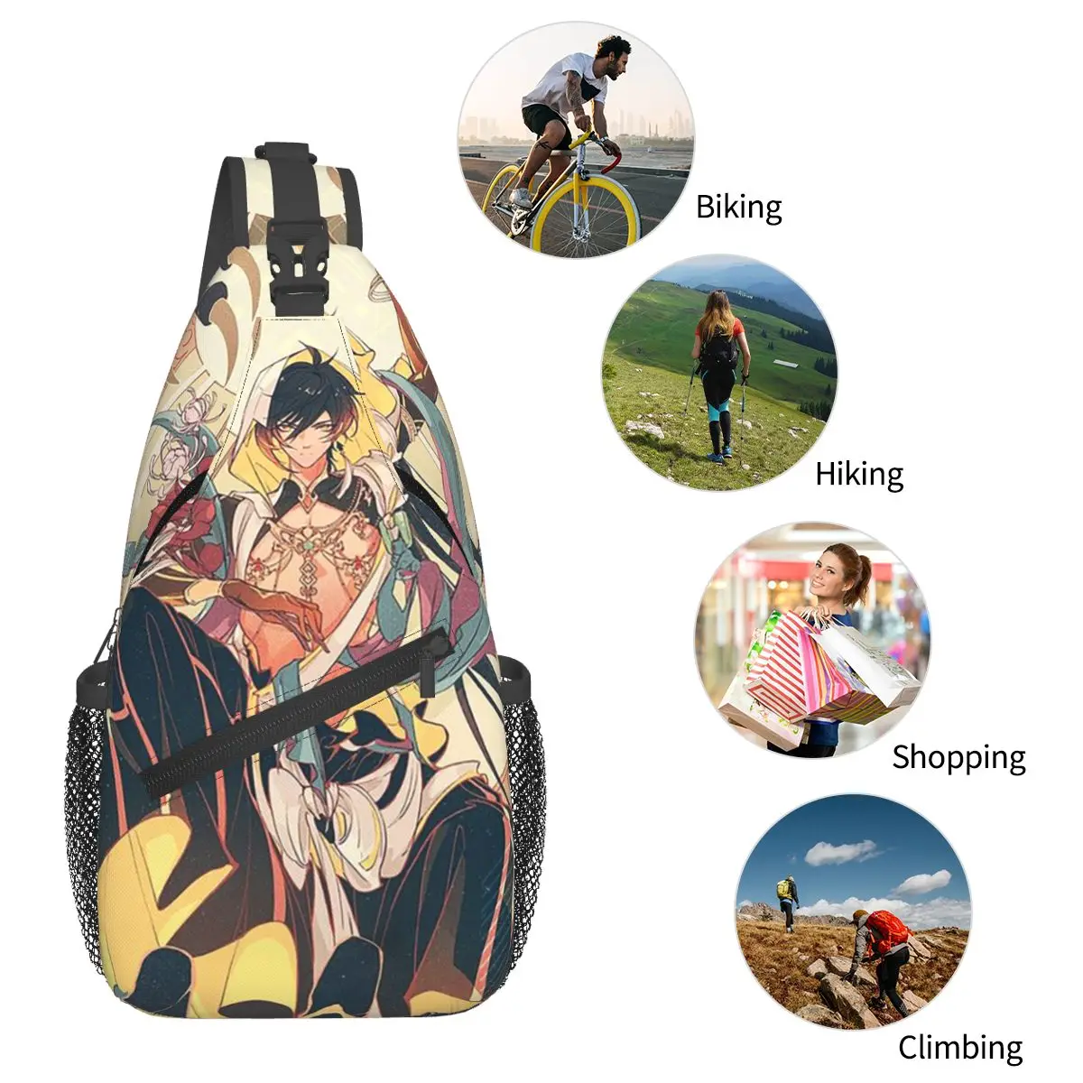 Zhongli Genshin Impact حقيبة الصدر الرجال حبال Crossbody على ظهره حقيبة الصدر السفر المشي لمسافات طويلة Daypack حقيبة الكتف #5